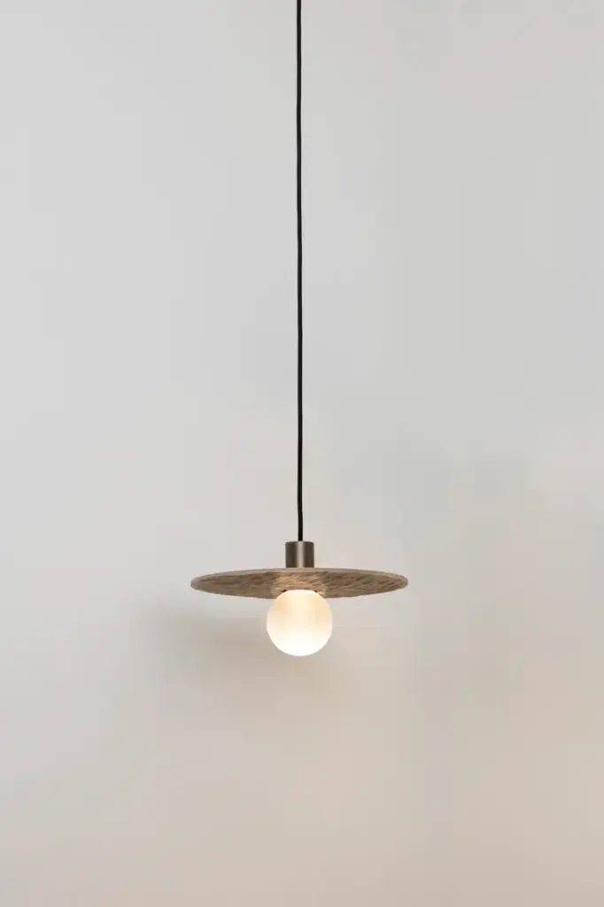 [15109LIN] OXOSTSUSSET9 suspension spot - disque chêne naturel - verre rond (câble en lin) bronze ancien